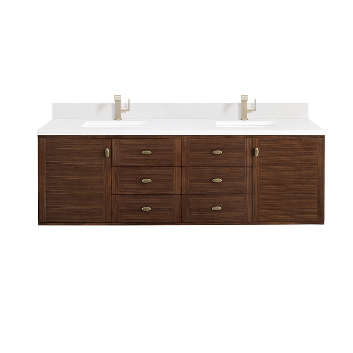 Amberly 72" Double Vanity, Mid-Century Walnut w/ Single Hole 3 CM White Zeus Top & Backsplash