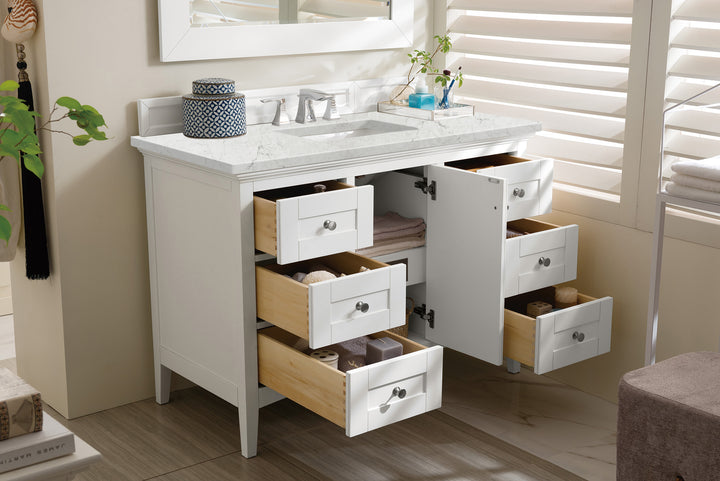 Palisades 48" Single Vanity, Bright White w/ 3 CM Eternal Jasmine Pearl Silestone Top