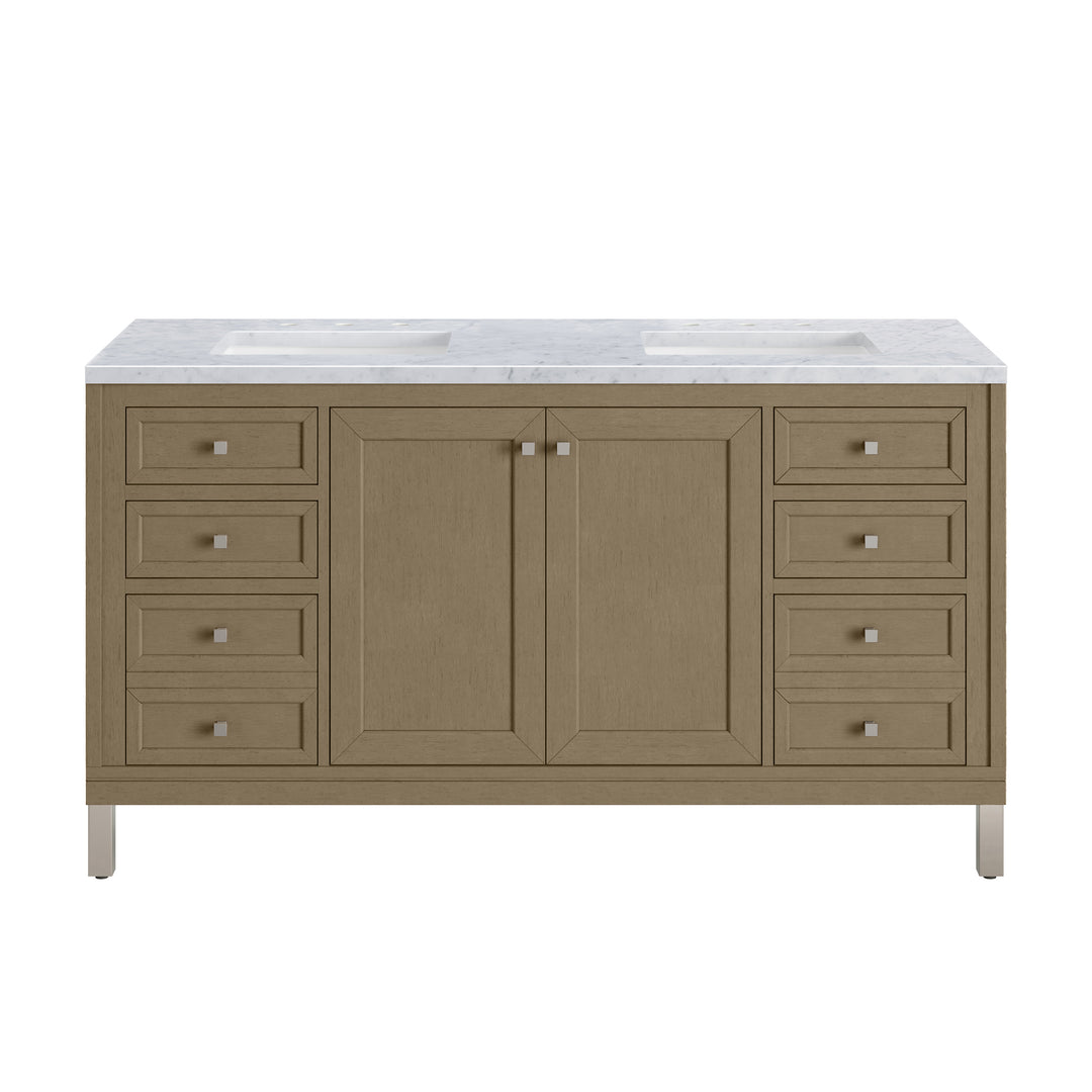 Chicago 60" Double Vanity, Walnut Whisper, w/ 3 CM Carrara Marble Top