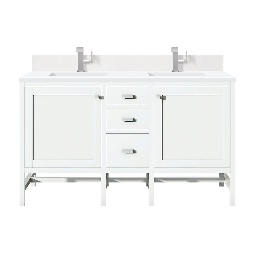 Addison 60" Double Vanity, Glossy White w/ Single Hole 3 CM White Zeus Silestone Top & Backsplash
