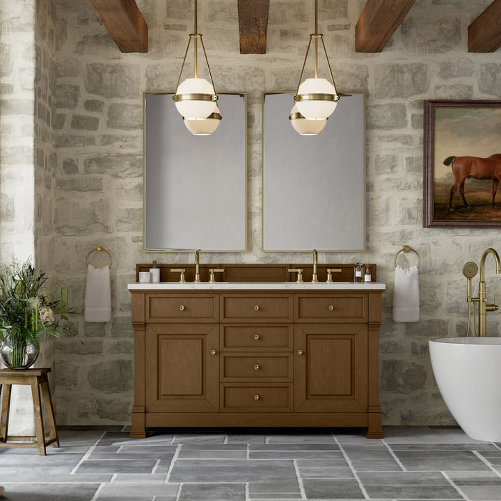 Brookfield 60" Double Vanity, Honey Oak w/ 3 CM Victorian Silver Silestone® Top