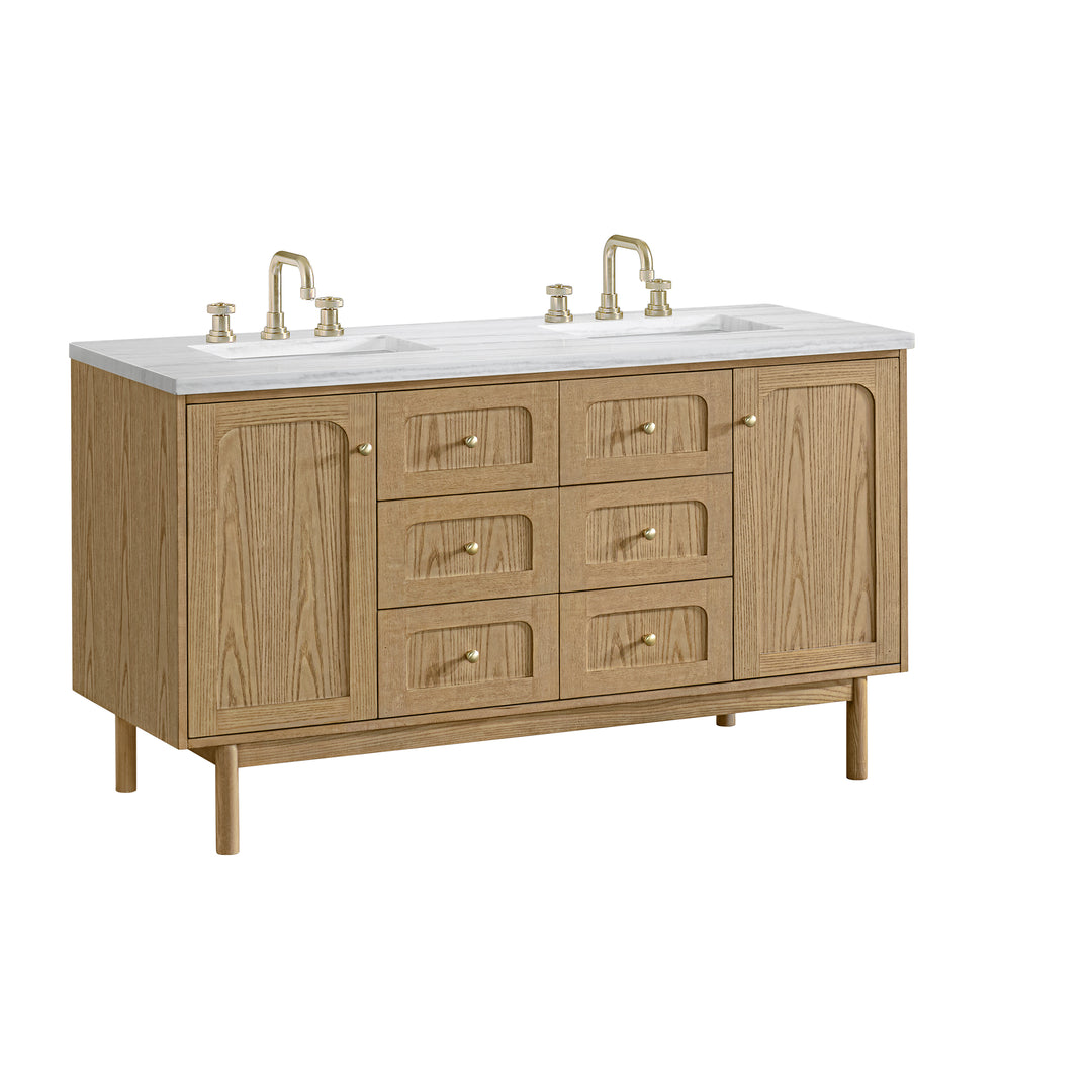 Laurent 60" Double Vanity, Light Natural Oak, w/ 3 CM Arctic Fall Solid Surface Top
