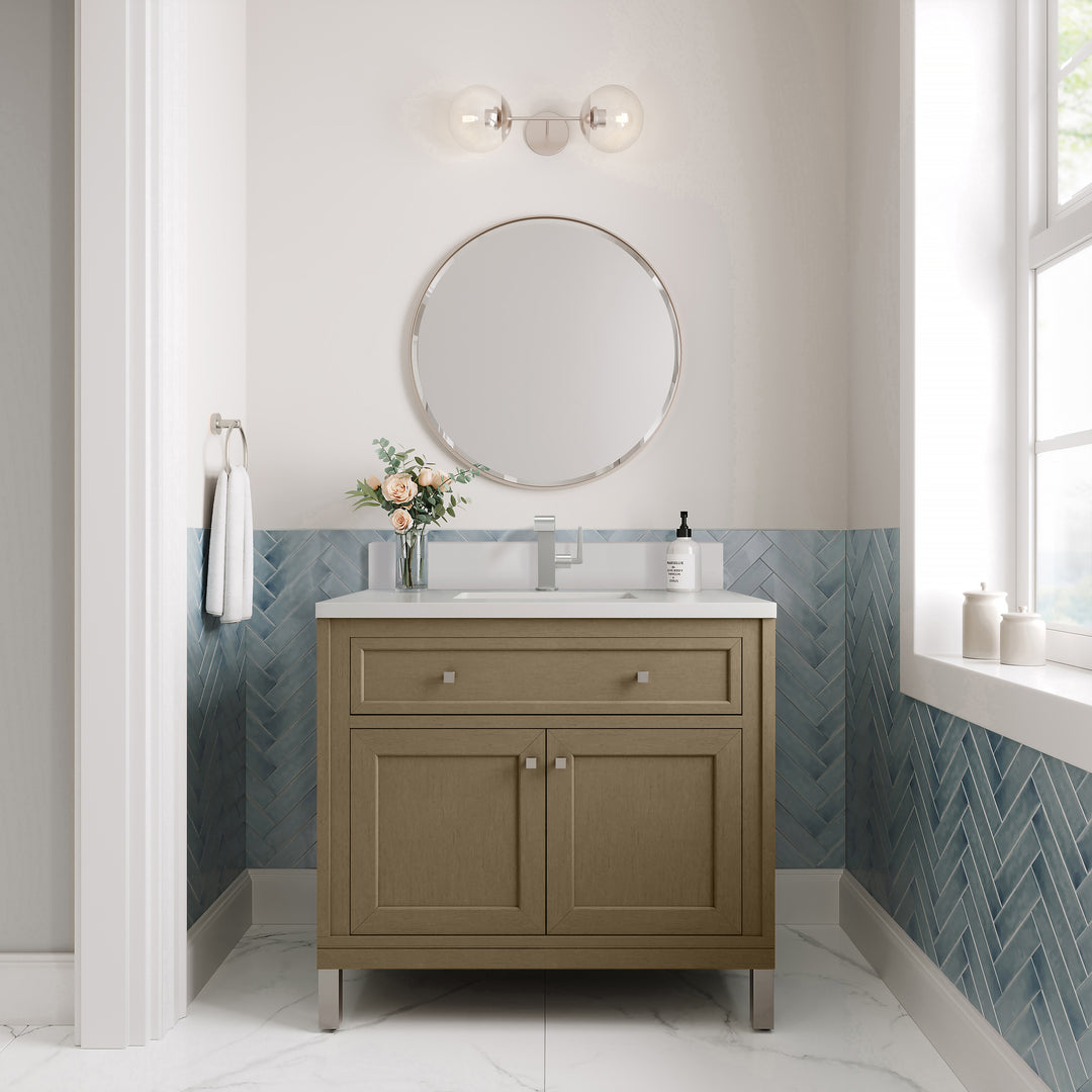 Chicago 36" Single Vanity, Walnut Whisper, w/ Single Hole 3CM White Zeus Silestone® Top & Backsplash