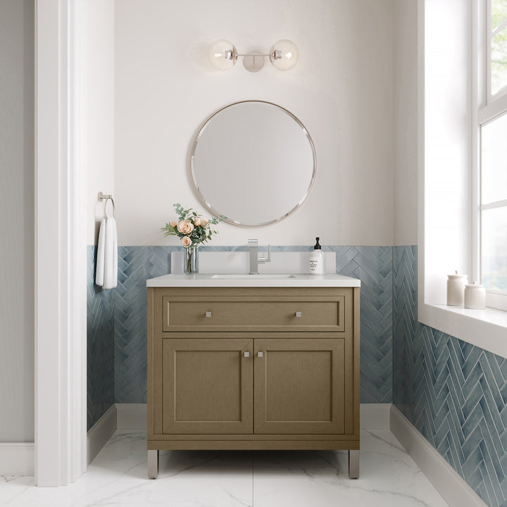 Chicago 36" Single Vanity, Walnut Whisper, w/ Single Hole 3CM White Zeus Silestone® Top & Backsplash