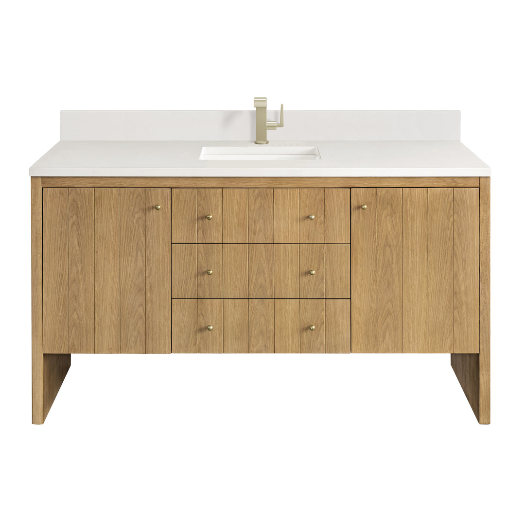 Hudson 60" Single Vanity, Light Natural Oak w/ Single Hole 3 CM White Zeus Top & Backsplash