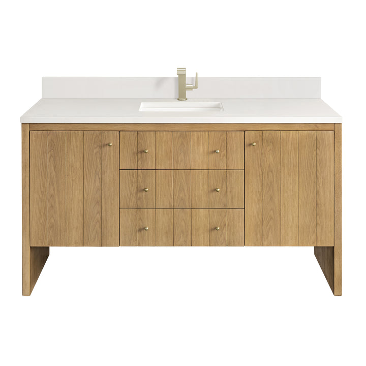 Hudson 60" Single Vanity, Light Natural Oak w/ Single Hole 3 CM White Zeus Top & Backsplash