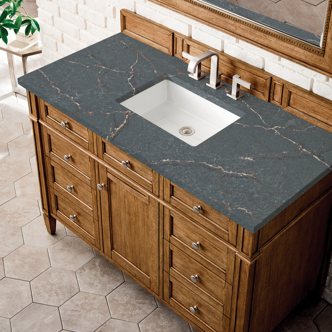 Brittany 48" Single Vanity, Saddle Brown w/ 3 CM Parisien Bleu Silestone Top
