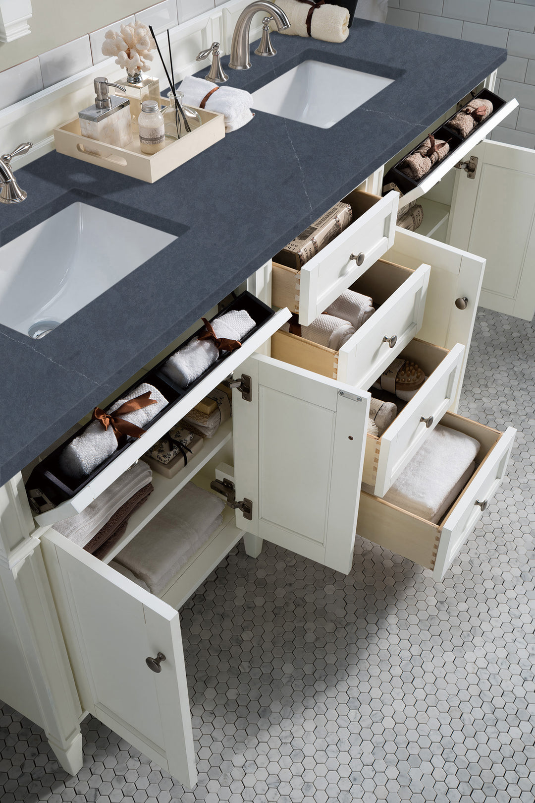 Brittany 72" Double Vanity, Bright White Vanity w/ 3 CM Charcoal Soapstone Silestone Top