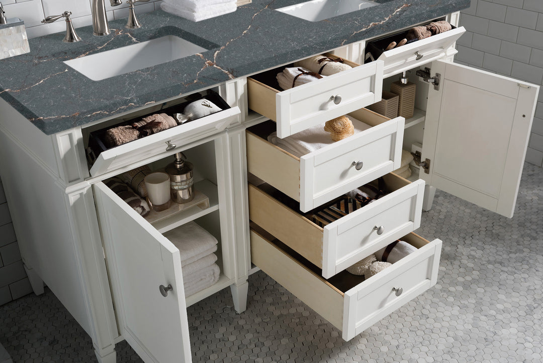 Brittany 60" Double Vanity, Bright White Vanity w/ 3 CM Parisien Bleu Silestone Top