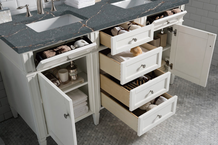 Brittany 60" Double Vanity, Bright White Vanity w/ 3 CM Parisien Bleu Silestone Top