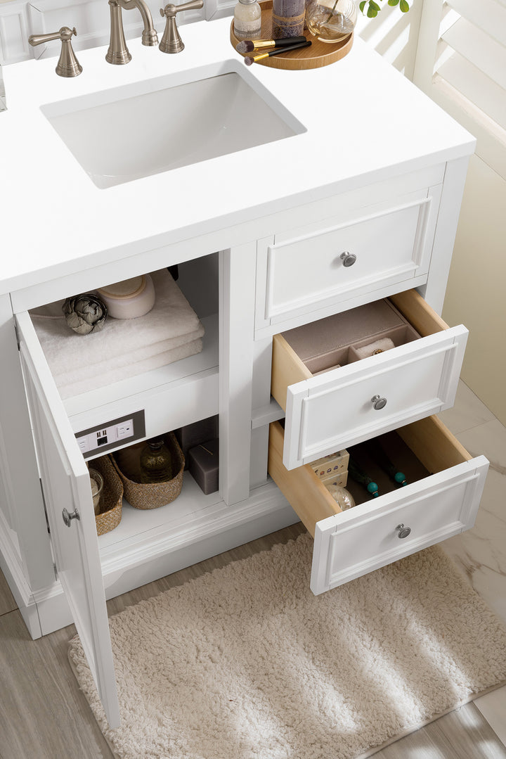 De Soto 36" Single Vanity, Bright White w/ 3 CM White Zeus Silestone Top