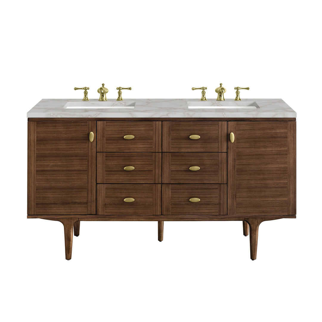 Amberly 60" Double Vanity, Mid-Century Walnut w/ 3 CM Victorian Silver Top