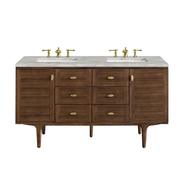Amberly 60" Double Vanity, Mid-Century Walnut w/ 3 CM Victorian Silver Top