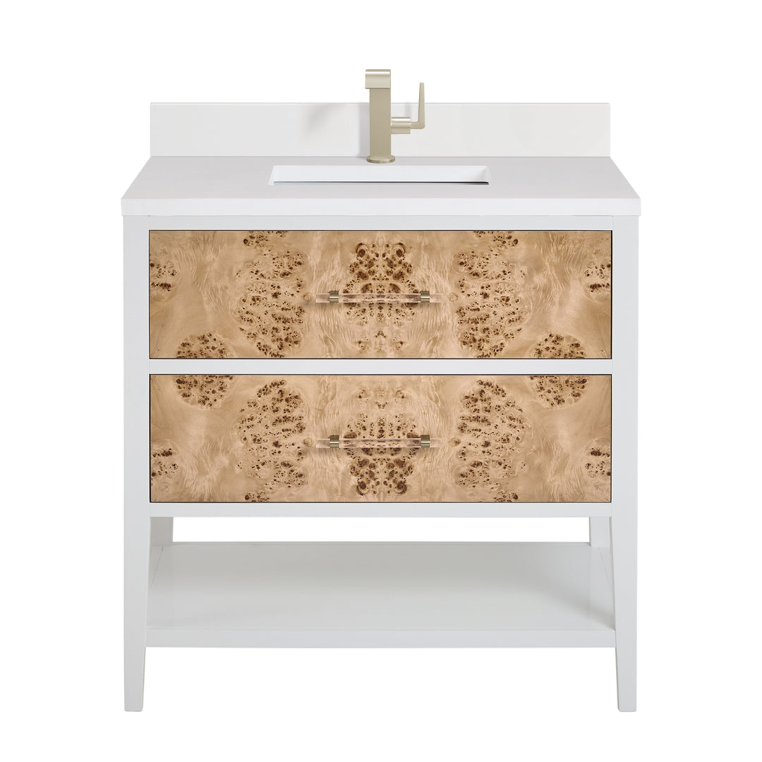Olena 36" Single Vanity, Light Mappa Burl and Polished White w/ Single Hole 3 CM White Zeus Silestone Top & Backsplash