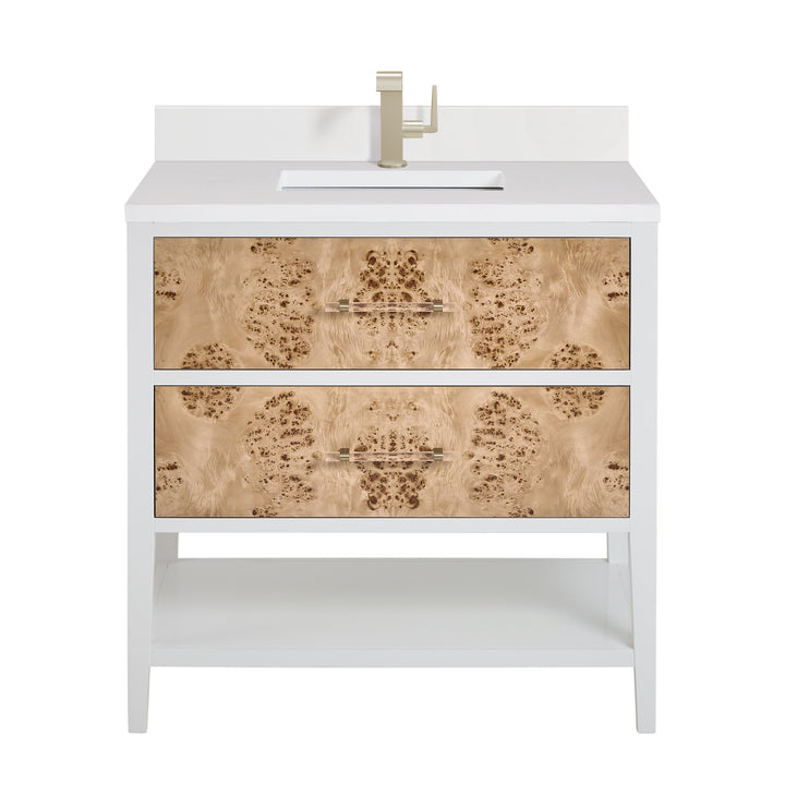 Olena 36" Single Vanity, Light Mappa Burl and Polished White w/ Single Hole 3 CM White Zeus Silestone Top & Backsplash