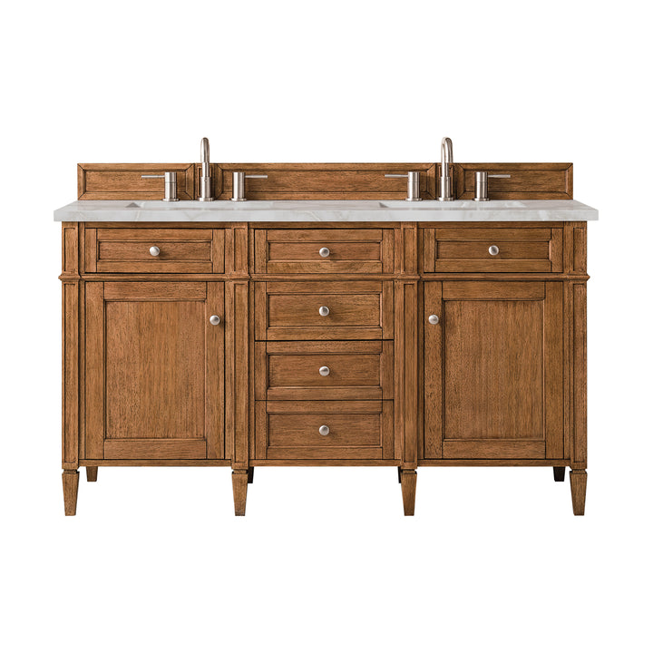 Brittany 60" Double Vanity, Saddle Brown w/ 3 CM Victorian Silver Silestone Top