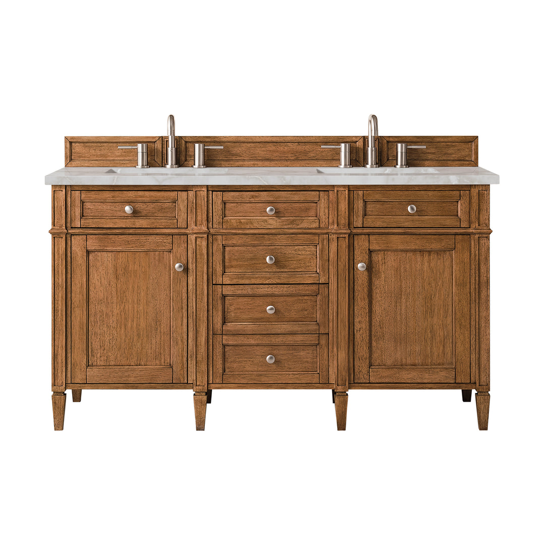 Brittany 60" Double Vanity, Saddle Brown w/ 3 CM Victorian Silver Silestone Top w/FreePower Wireless Charger