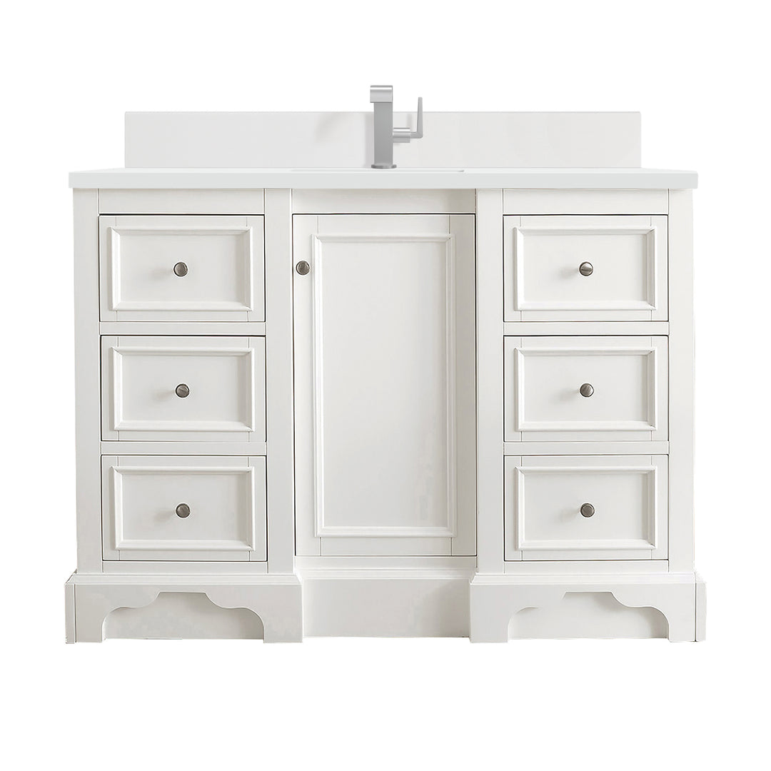 De Soto 48" Single Vanity, Bright White w/ Single Hole 3 CM White Zeus Silestone Top & Backsplash