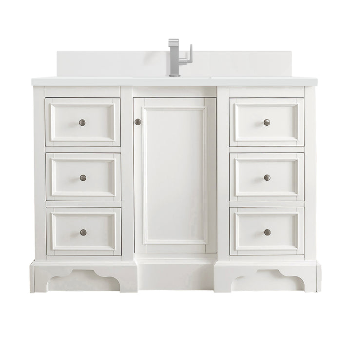 De Soto 48" Single Vanity, Bright White w/ Single Hole 3 CM White Zeus Silestone Top & Backsplash