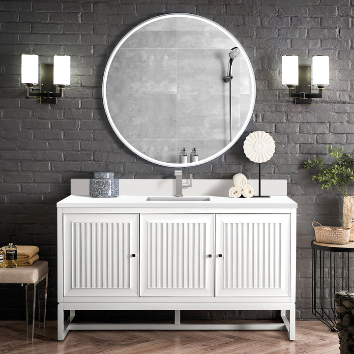 Athens 60" Single Vanity, Glossy White w/ Single Hole 3 CM White Zeus Silestone Top & Backsplash