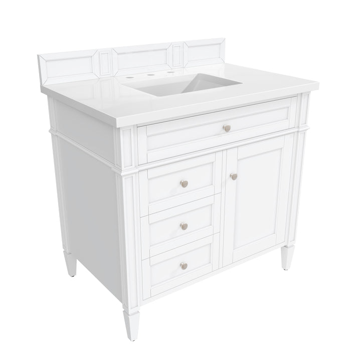 Brittany 36" Single Vanity, Bright White w/ 3 CM White Zeus Silestone Top