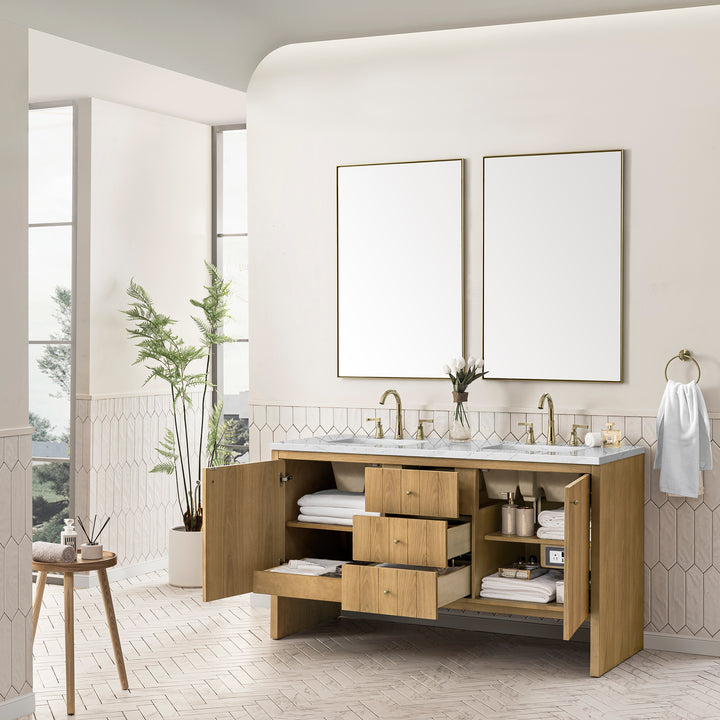 Hudson 60" Double Vanity, Light Natural Oak w/ 3 CM Ethereal Noctis Top w/FreePower Wireless Charger