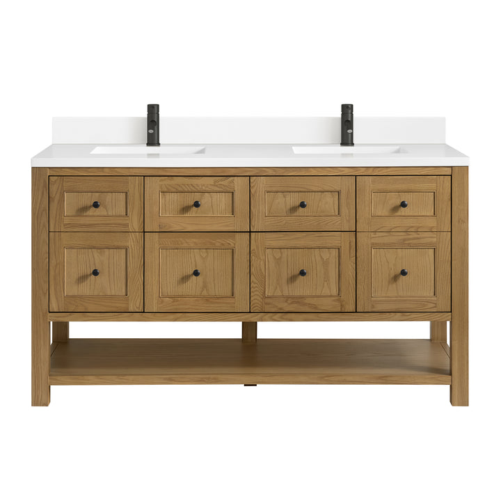 Breckenridge 60" Double Vanity, Light Natural Oak, w/ Single Hole 3 CM White Zeus Quartz Top & Backsplash