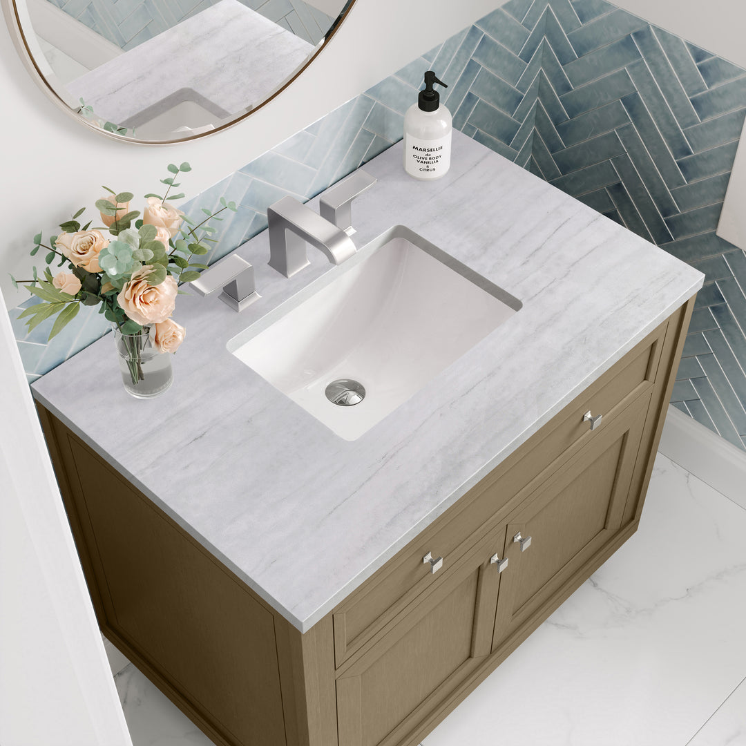 Chicago 36" Single Vanity, Walnut Whisper, w/ 3 CM Arctic Fall Solid Surface Top