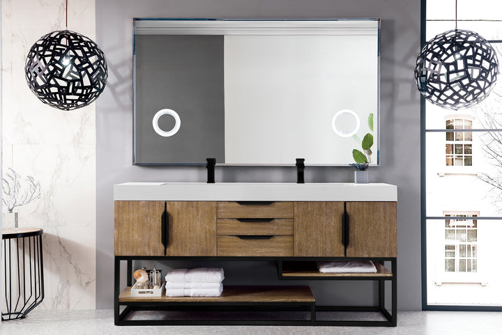 Columbia 72" Double Vanity, Latte Oak, Matte Black w/ Glossy White Composite Stone Top
