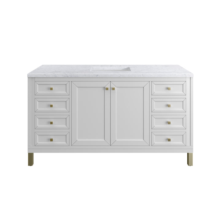 Chicago 60" Single Vanity, Glossy White, w/ 3 CM Carrara Marble Top