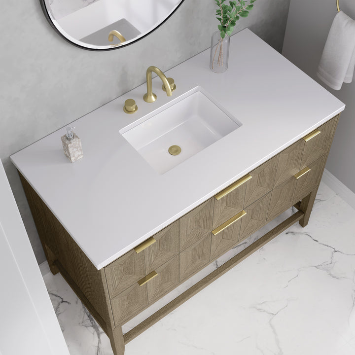 Emmeline 48" Single Vanity, Pebble Oak w/ 3 CM White Zeus Silestone Top