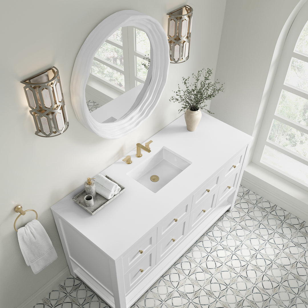 Breckenridge 60" Single Vanity, Bright White, w/ 3 CM White Zeus Quartz Top