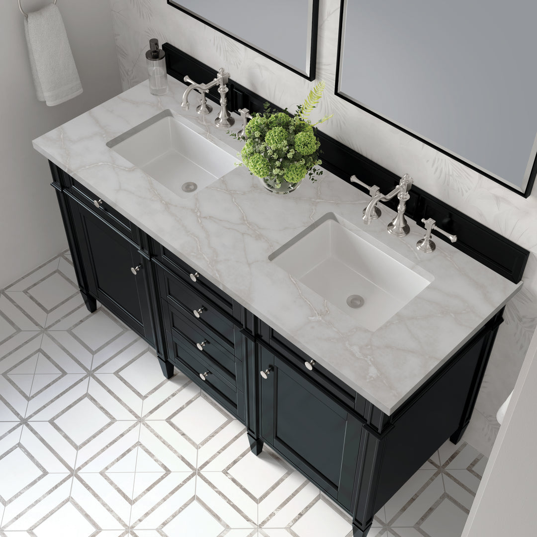 Brittany 60" Double Vanity, Black Onyx w/ 3 CM Victorian Silver Silestone Top