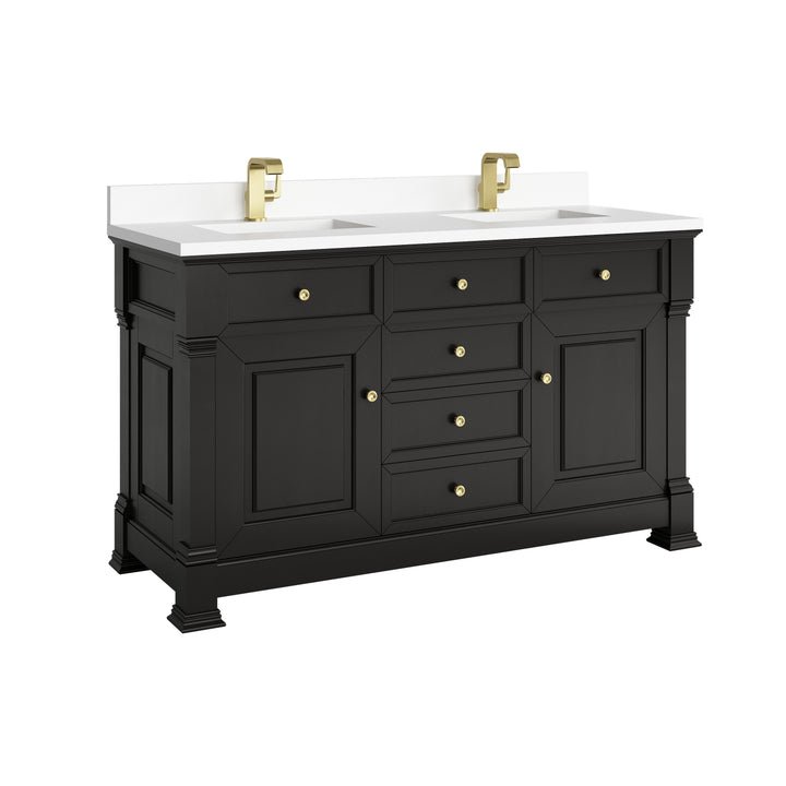 Brookfield 60" Double Vanity, Black Onyx w/ Single Hole 3CM White Zeus Silestone® Top & Backsplash