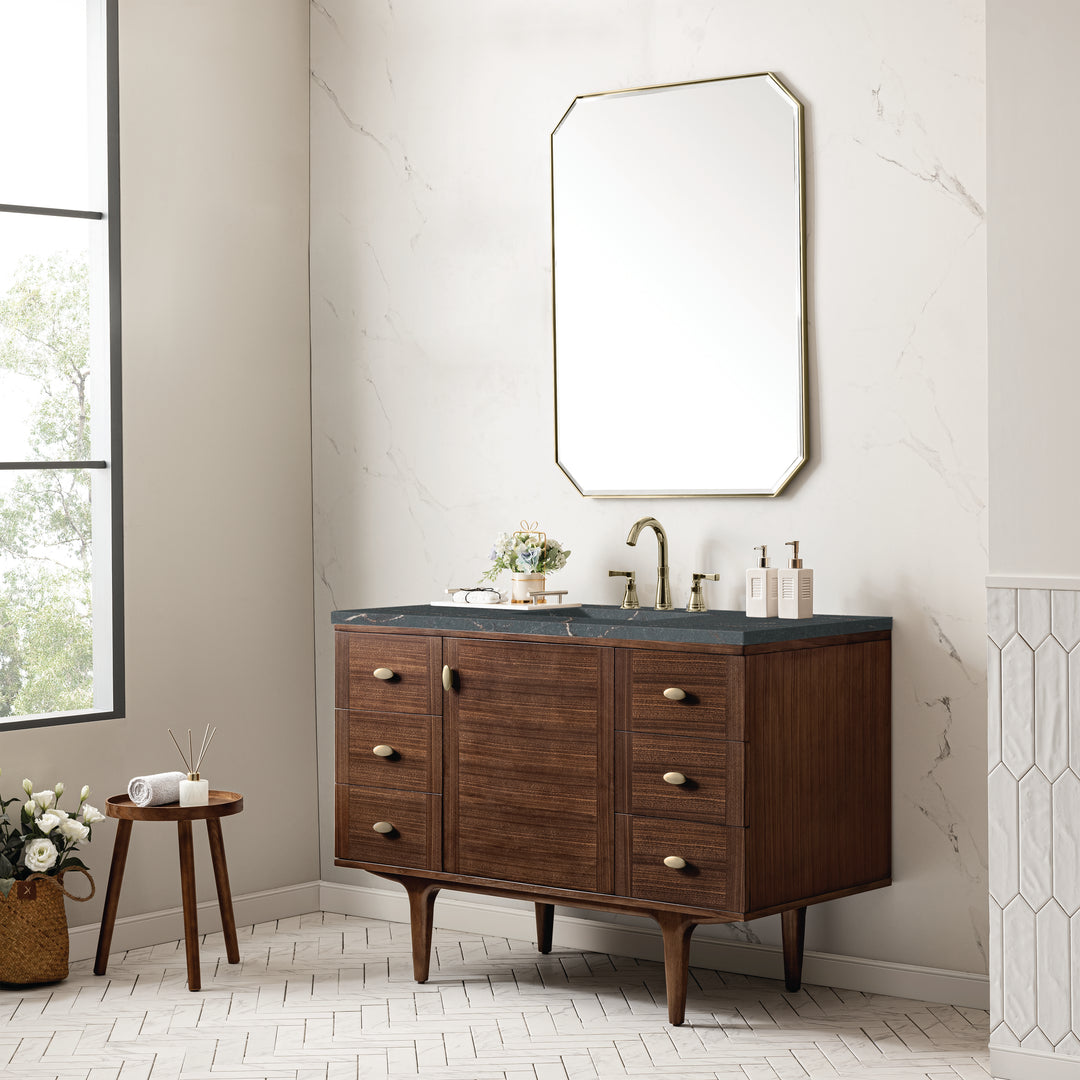 Amberly 48" Single Vanity, Mid-Century Walnut w/ 3 CM Parisien Bleu Top w/FreePower Wireless Charger