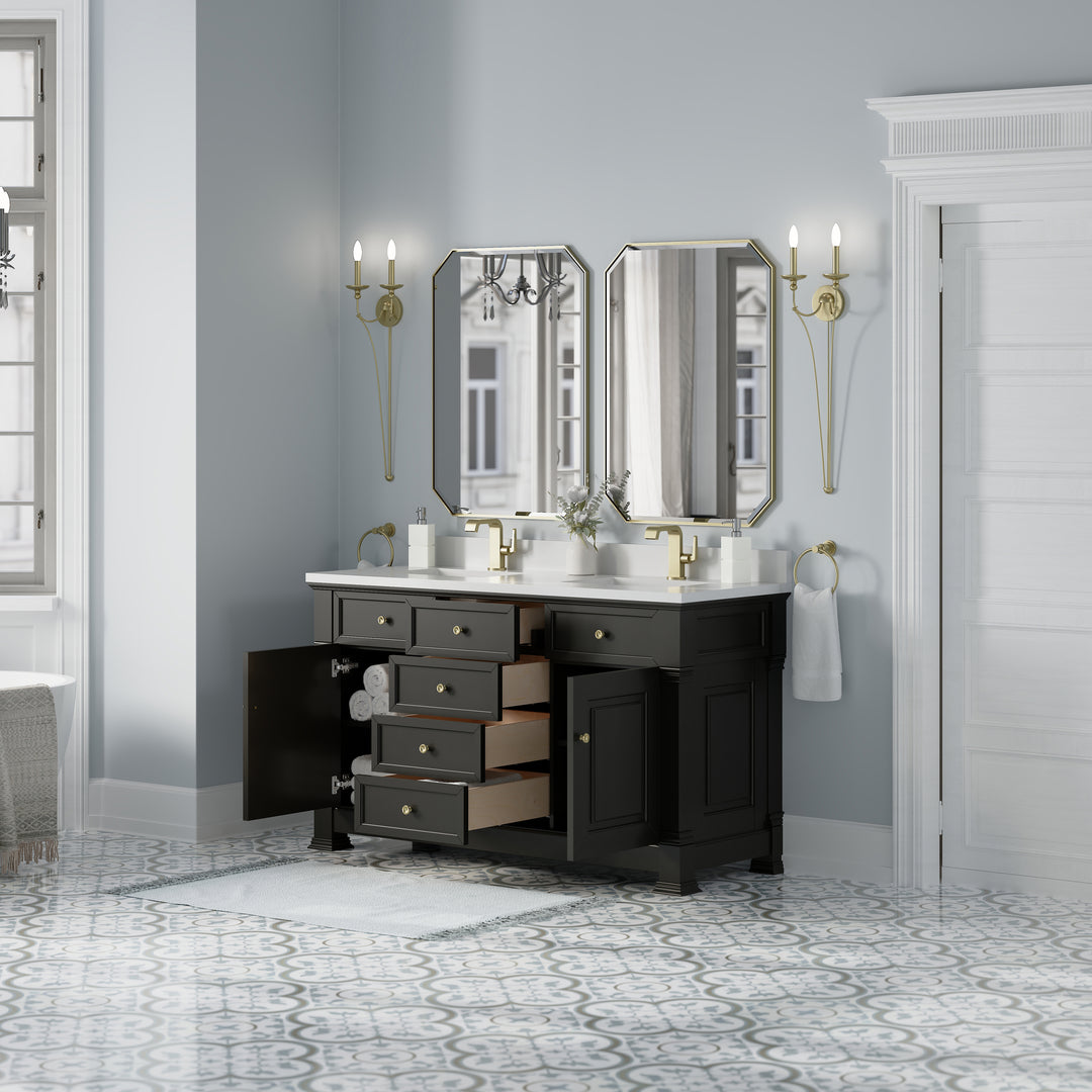 Brookfield 60" Double Vanity, Black Onyx w/ Single Hole 3CM White Zeus Silestone® Top & Backsplash