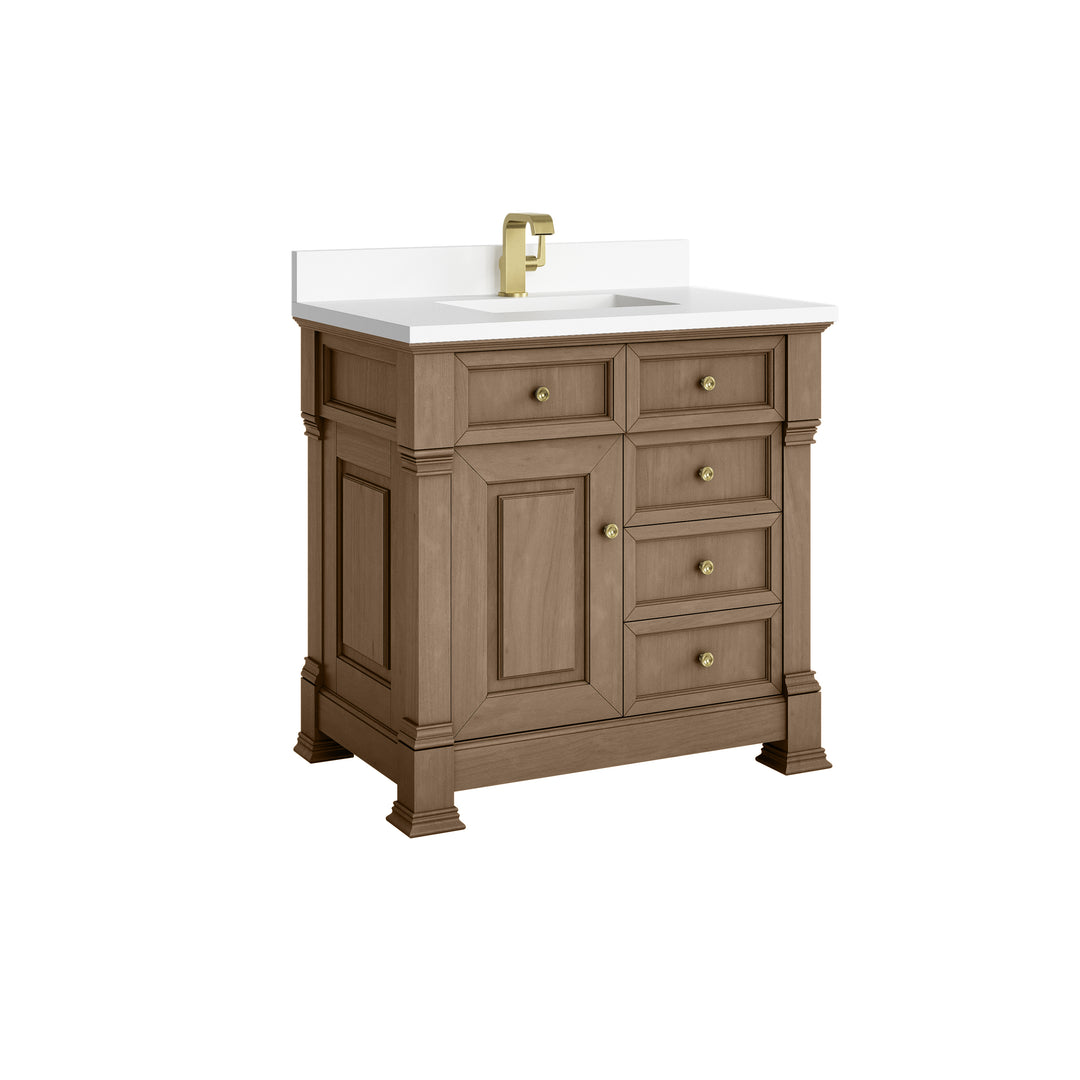 Brookfield 36" Single Vanity, Pecan w/ Single Hole 3CM White Zeus Silestone® Top & Backsplash