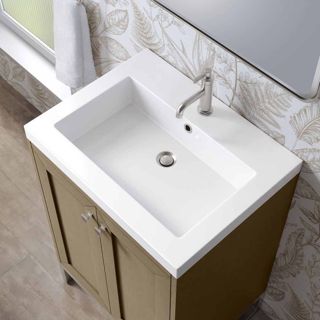 Chianti 24" Single Vanity, Walnut Whisper, Brushed Nickel, w/ White Glossy Composite Stone Top