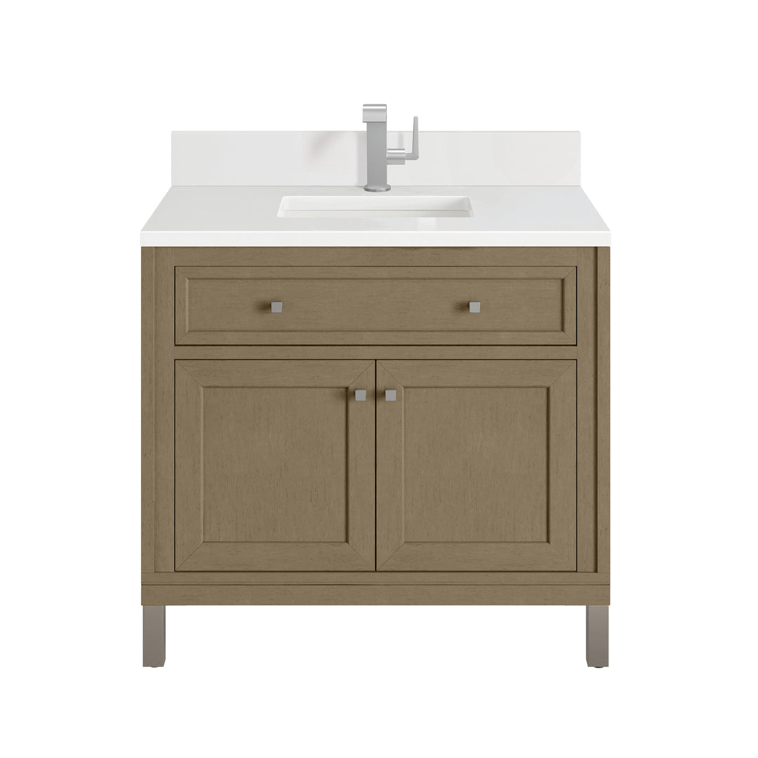 Chicago 36" Single Vanity, Walnut Whisper, w/ Single Hole 3CM White Zeus Silestone® Top & Backsplash