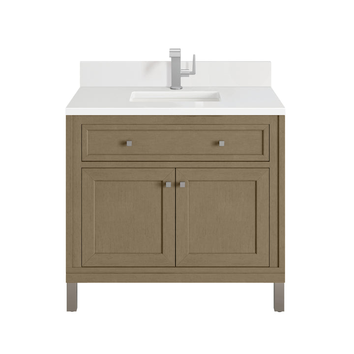 Chicago 36" Single Vanity, Walnut Whisper, w/ Single Hole 3CM White Zeus Silestone® Top & Backsplash