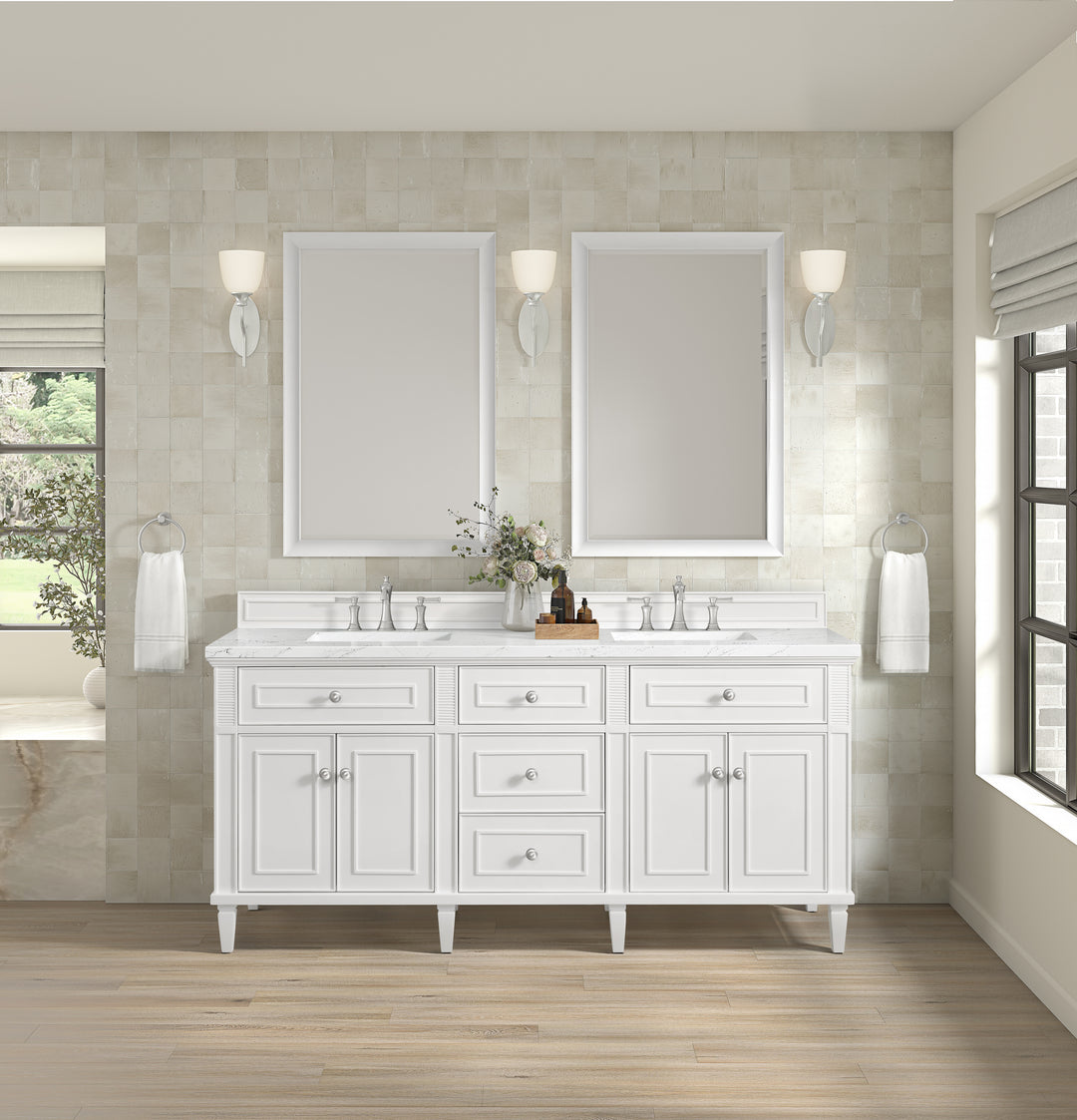 Lorelai 72" Double Vanity, Bright White w/ 3 CM White Zeus Silestone Top