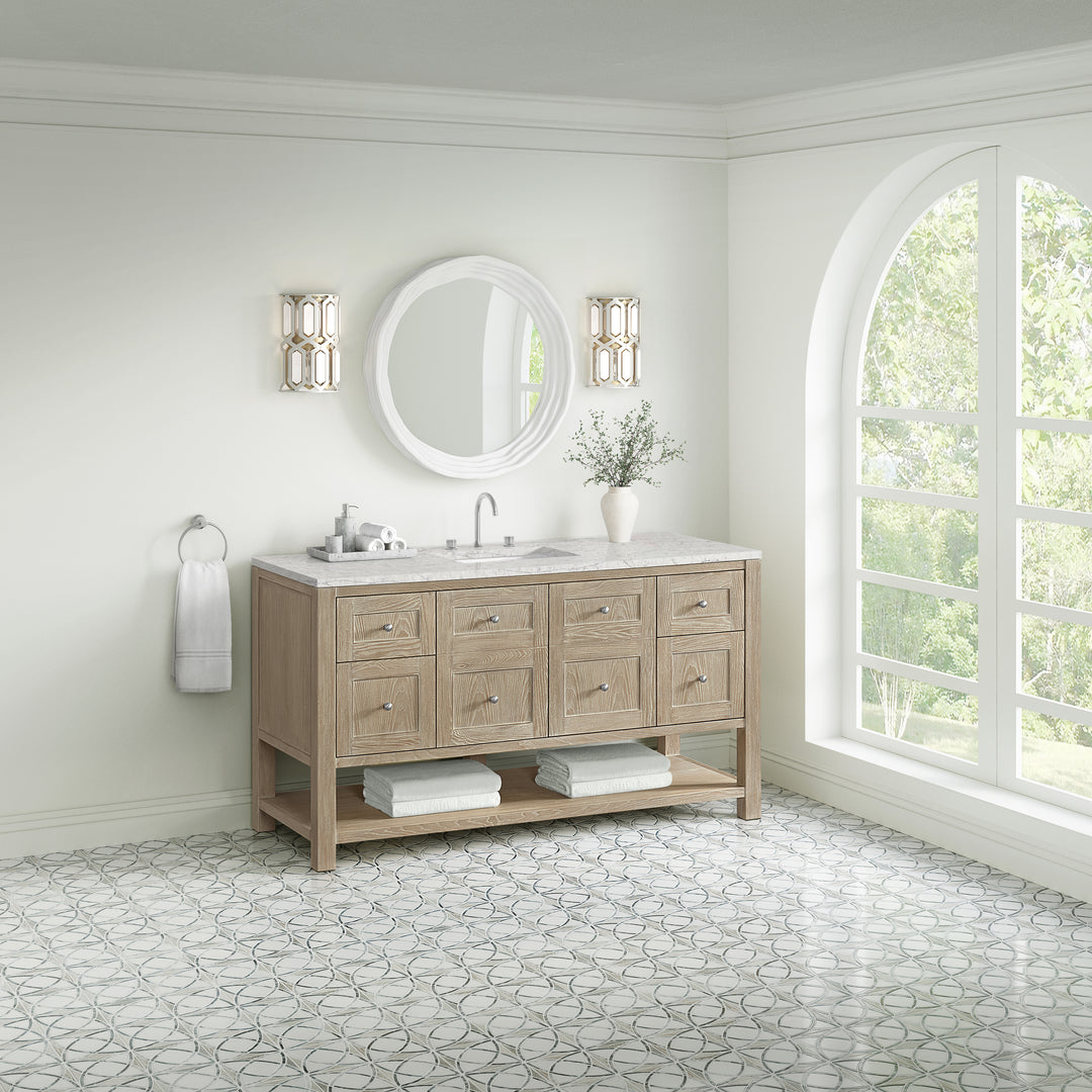 Breckenridge 60" Single Vanity, Whitewashed Oak, w/ 3 CM Eternal Jasmine Pearl Silestone Top w/ FreePower Wireless Charger