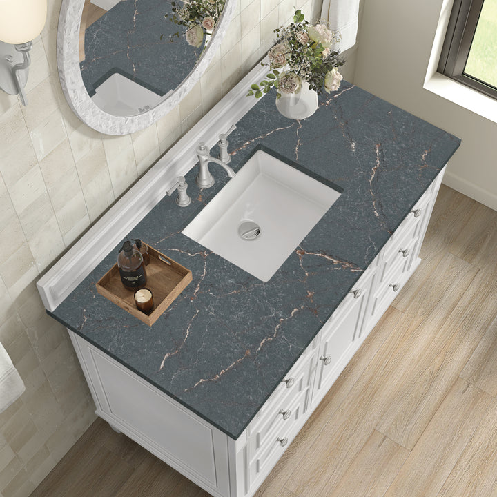 Lorelai 48" Single Vanity, Bright White w/ 3 CM Parisien Bleu Silestone Top w/FreePower Wireless Charger