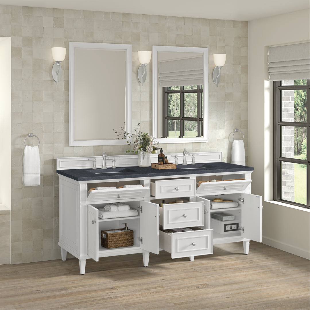 Lorelai 72" Double Vanity, Bright White w/ 3 CM Charcoal Soapstone Silestone Top