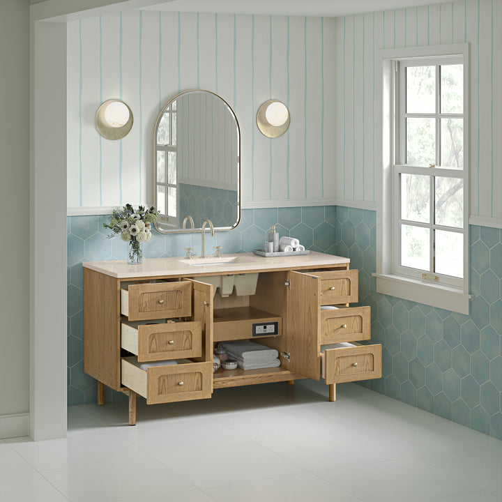 Laurent 60" Single Vanity, Light Natural Oak, w/ 3 CM Eternal Marfil Quartz Top