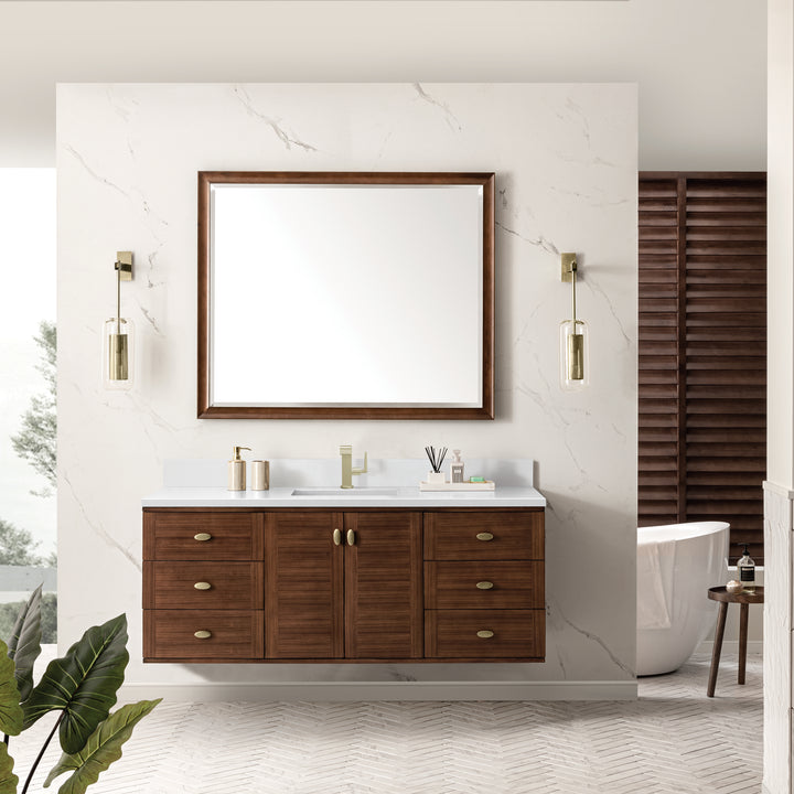 Amberly 60" Single Vanity, Mid-Century Walnut w/ Single Hole 3 CM White Zeus Top & Backsplash