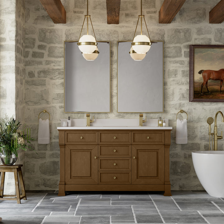 Brookfield 60" Double Vanity, Honey Oak w/ Single Hole 3 CM White Zeus Silestone® Top & Backsplash