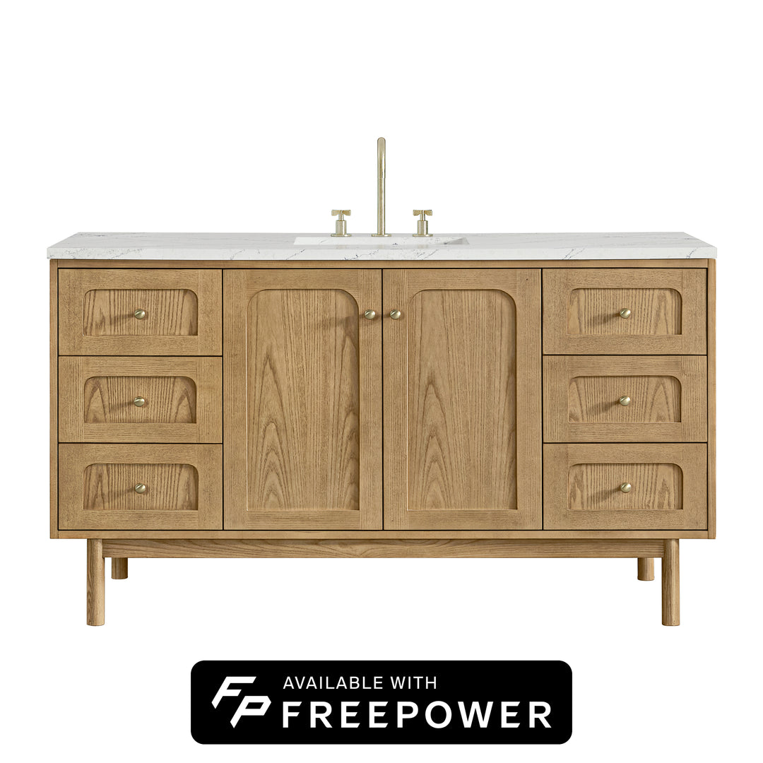 Laurent 60" Single Vanity, Light Natural Oak, w/ 3 CM Ethereal Noctis Silestone Top w/ FreePower Wireless Charger