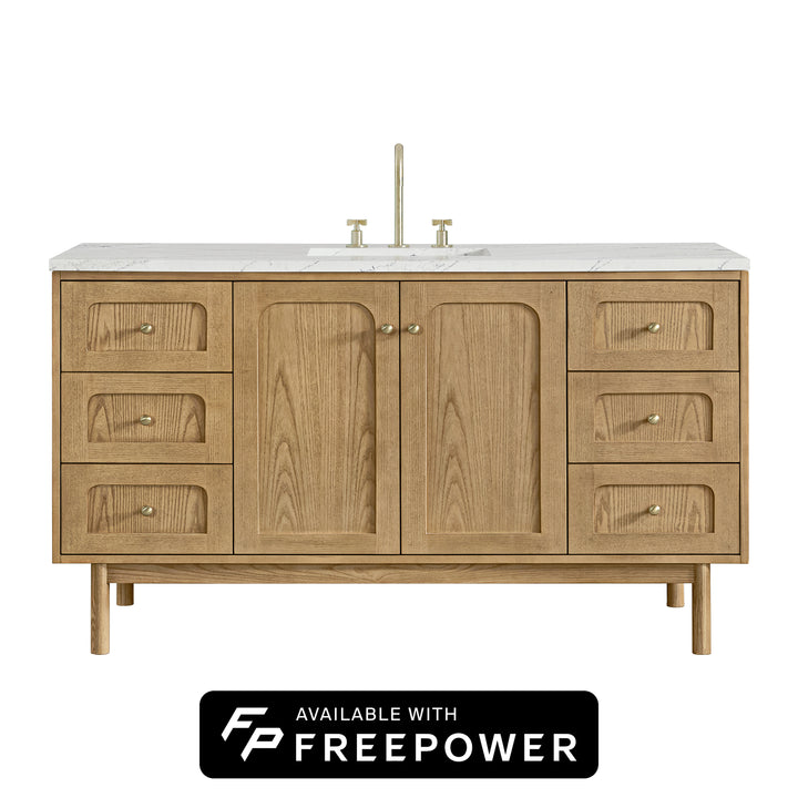 Laurent 60" Single Vanity, Light Natural Oak, w/ 3 CM Ethereal Noctis Silestone Top w/ FreePower Wireless Charger