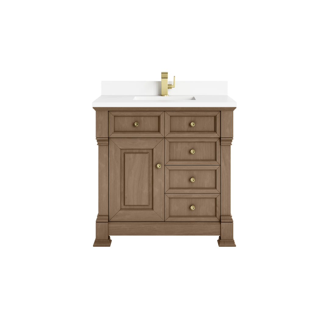 Brookfield 36" Single Vanity, Pecan w/ Single Hole 3CM White Zeus Silestone® Top & Backsplash